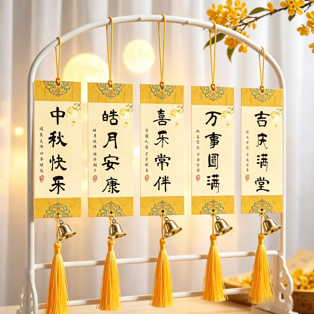 中秋吉庆寄语流苏铜铃书签
