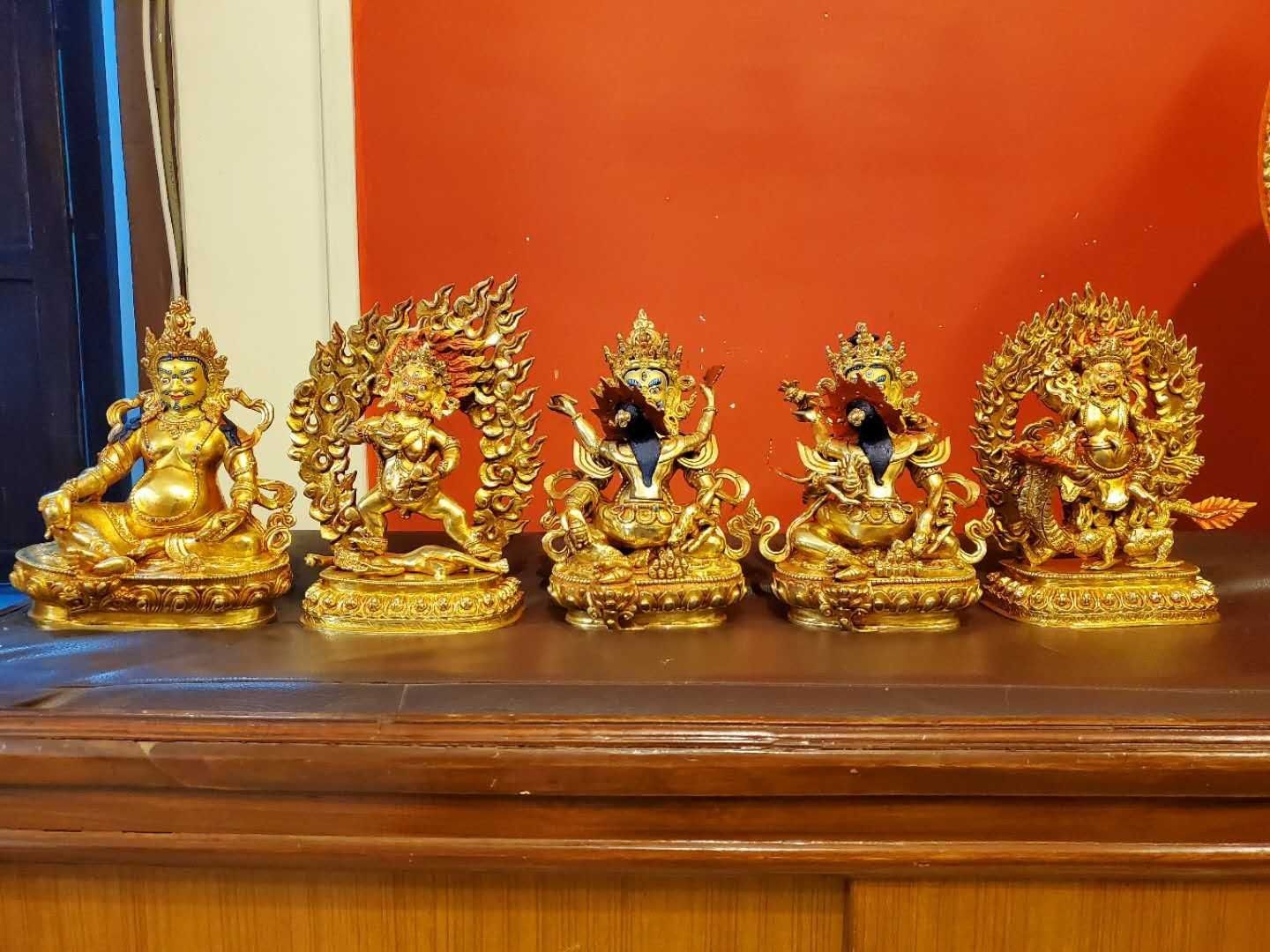 尼泊尔精品铜鎏金手工簪刻雕花工艺 五姓财神像 一套 高七寸 直邮