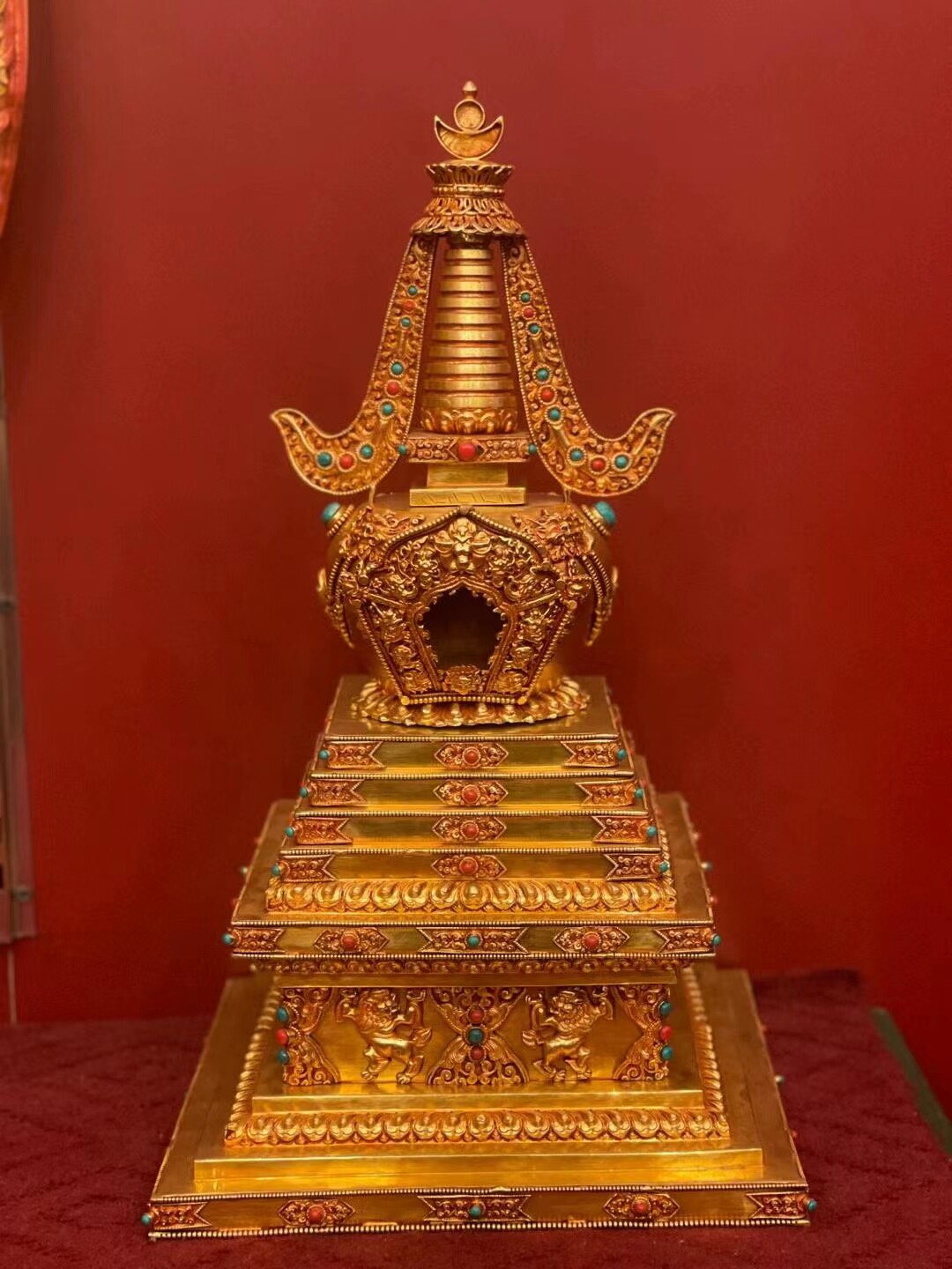 尼泊尔高档释迦族工艺 铜鎏金手工簪刻 舍利塔 佛塔 高47㎝