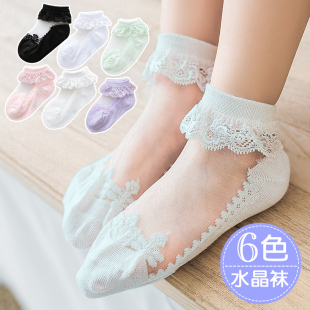 女童袜子夏薄款儿童水晶袜纯棉公主夏季花边蕾丝薄白色夏天配裙子