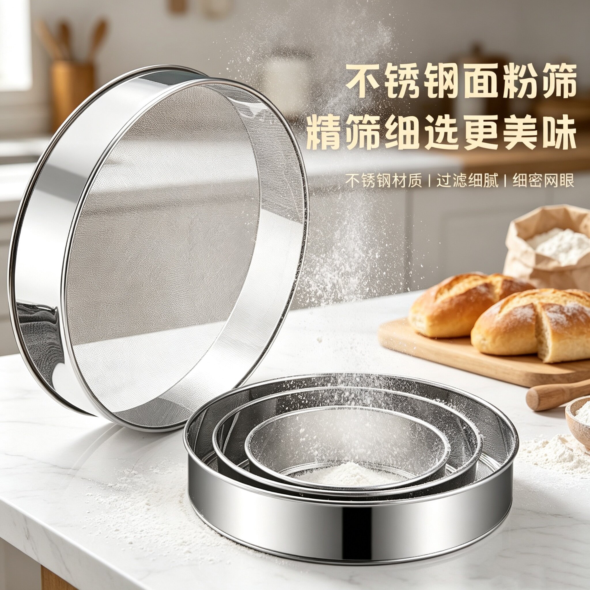 面粉筛不锈钢60目超细家用筛网热