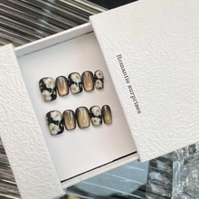 【棕古金花复古涩味手绘中古棕金小花纯手工穿戴甲老钱风豆豆美甲