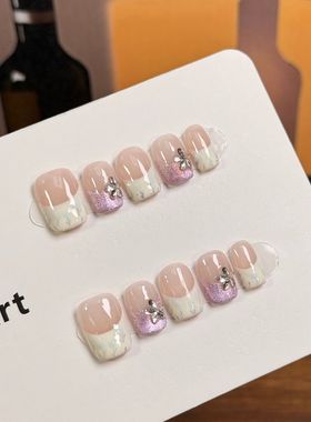 430-新芭蕾奶白香槟紫色细闪法式手绘郁金香纯手工穿戴甲