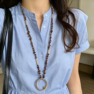 复古彩色碎石长款大圆圈项链女小众绿松石叠戴高级感通勤颈饰配饰
