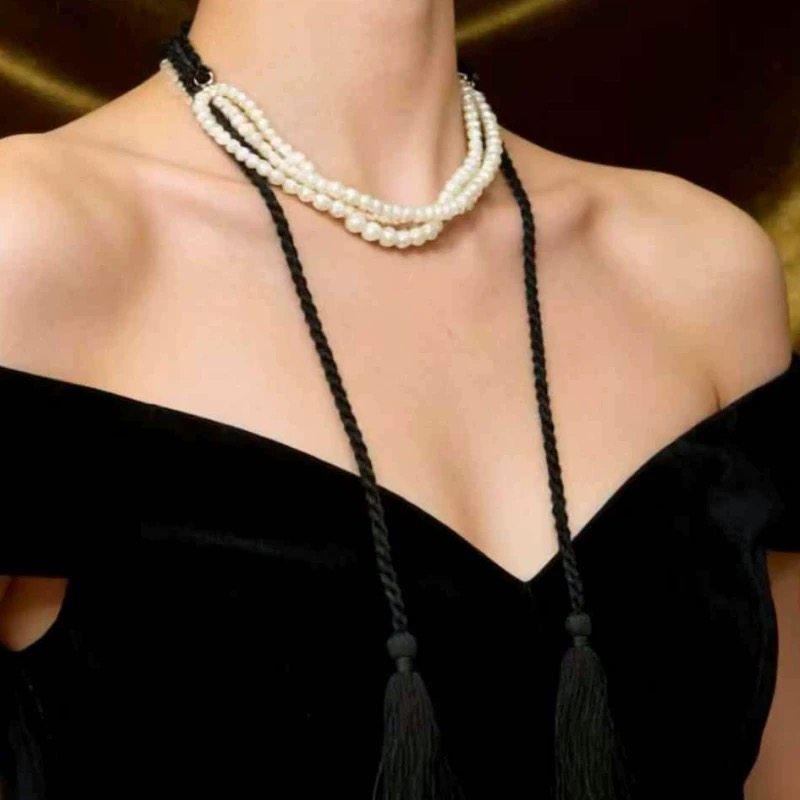 2026年新款多层珍珠项链女黑色编绳流苏串珠长款毛衣链叠戴颈链,饰品/流行首饰/时尚饰品新,项链,淘宝优惠券,粉丝福利购,淘宝优惠卷