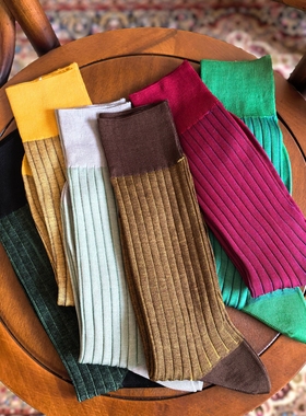 200针双针竖条纹男士绅士袜翻色袜无头丝光棉绅士袜咖啡色绿色