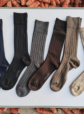 青岛外贸男士长筒绅士袜双针黑色咖啡色竖条纹四季棉质抗菌除臭