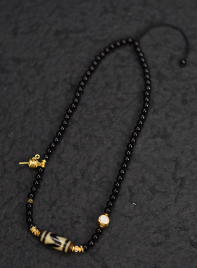 精品牙黄天珠搭配黑玛瑙可拉伸调节项链