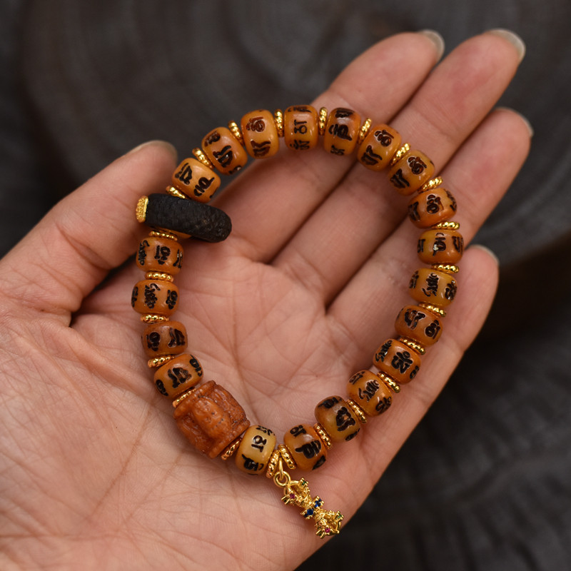 藏式牛骨雕刻六字真言男女同款单圈