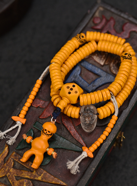 精品手磨黄料佛珠108西藏传特色料器手串念珠带配饰