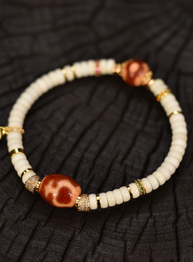 红肉天珠搭配菩提根薄片女士单圈手链