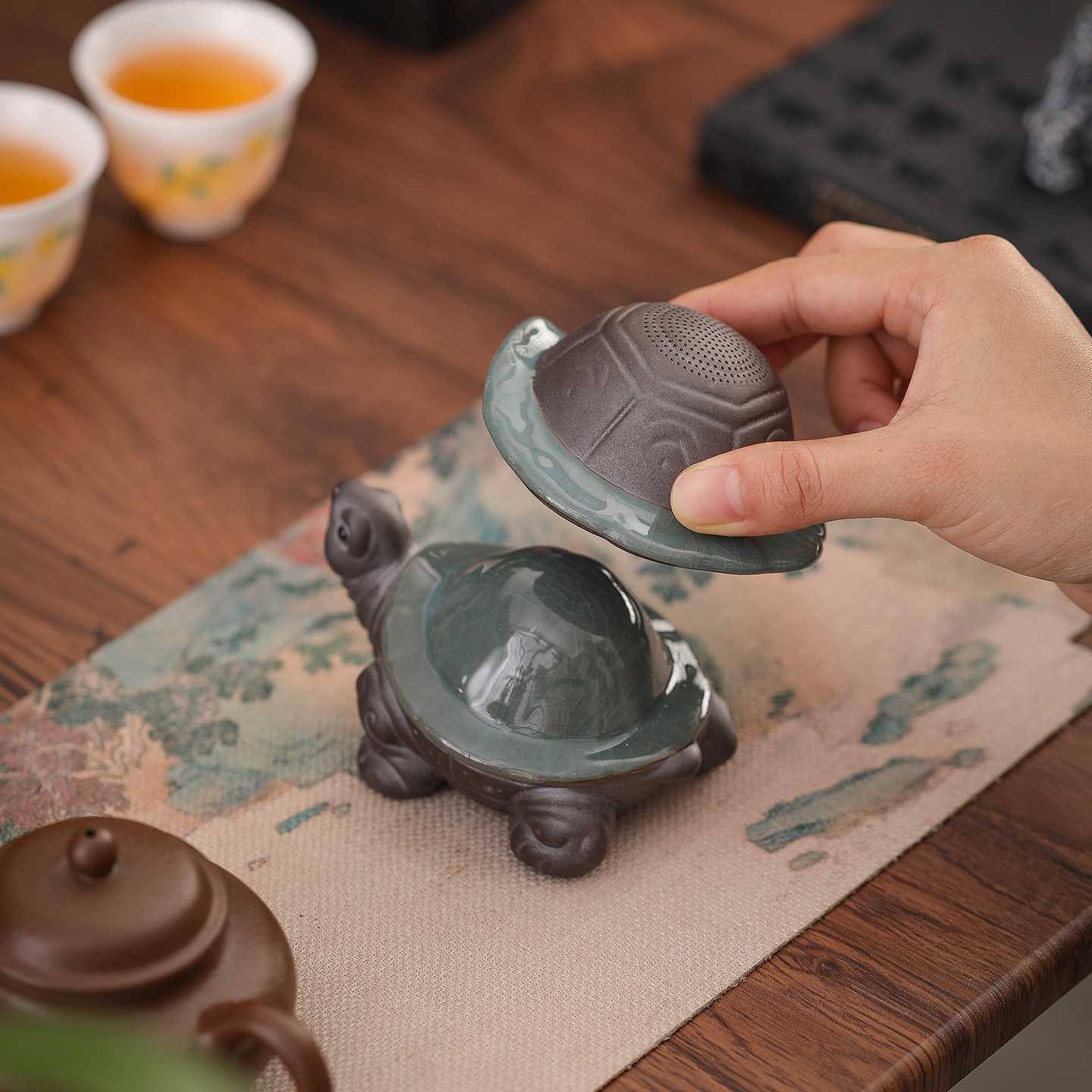 卡通可爱哥青小乌龟一体茶漏摆件