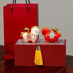 马年吉祥物锦盒装 饰文创伴手礼新年礼物桌面摆件小马 高档国潮马装
