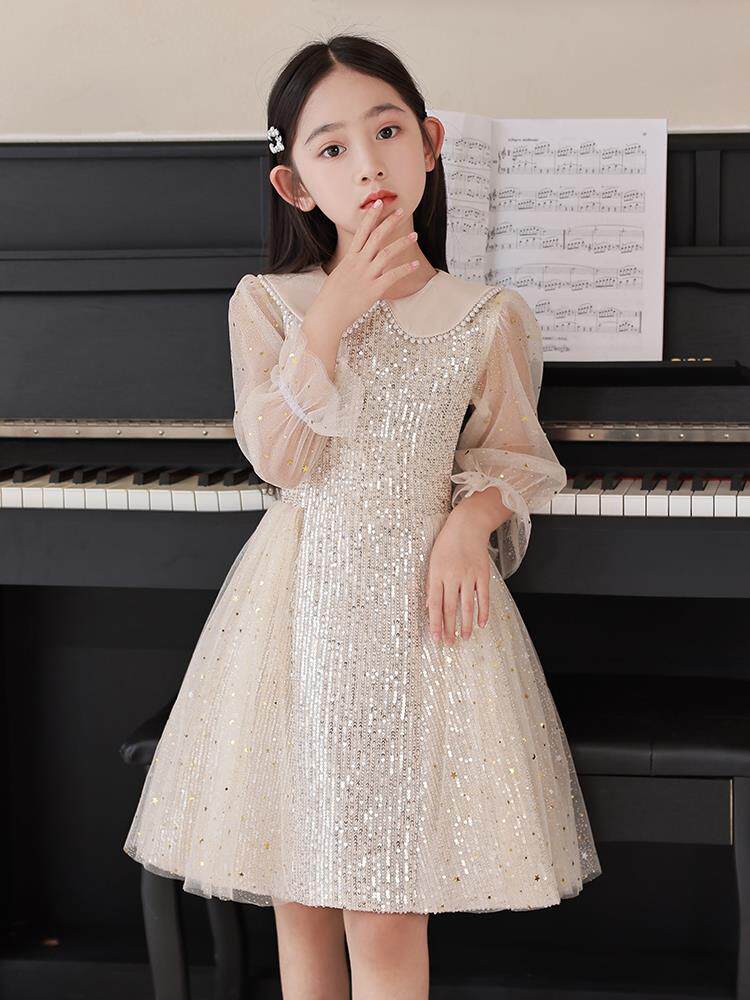 生日宴主持人礼服女孩长袖潮流日常钢琴演出小礼服高端花童公主裙