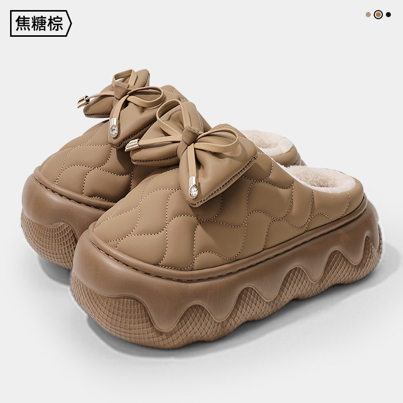 ins风蝴蝶结毛毛拖女冬季防水鞋面高帮护踝厚底增高防滑外穿棉拖
