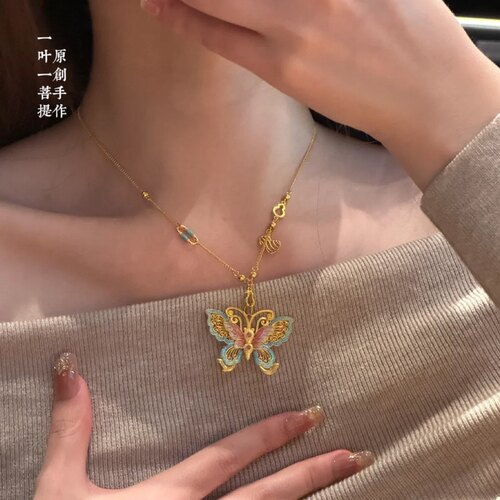 金店同款沙金脉脉花蝶吊坠diy项链锁骨链甜美时尚百搭送女友礼物