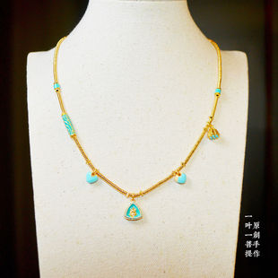 古法沙金高保色度母招财五条经吊坠沙金配件珐琅彩蓝色女项链礼物