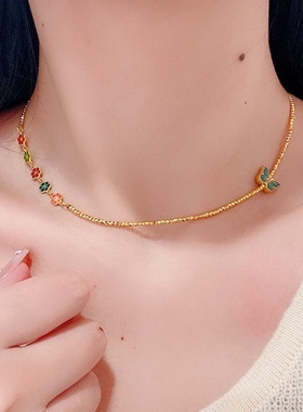 金店同款越南沙金蝴蝶小花项链女蹦迪爆闪金珠锁骨链礼物送女友