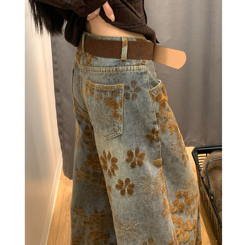 特大码美式复古提花弯刀牛仔裤子女秋冬季新款做旧直筒阔腿长裤潮,女装/女士精品,大码裤装,淘宝优惠券,粉丝福利购,淘宝优惠卷