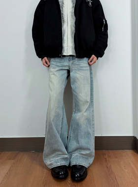 不靠脑子 美式复古水洗猫须廓形牛仔裤男女cleanfit直筒百搭裤子