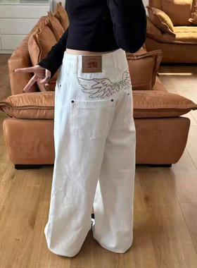 不靠脑子 美式复古翅膀刺绣白色直筒牛仔裤男女拖地垂感情侣裤潮
