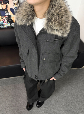 不靠脑子 美式复古可拆卸毛领毛呢短款棉服男女潮牌宽松情侣外套