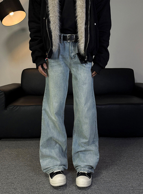 不靠脑子 美式复古猫须浅蓝色直筒牛仔裤男女休闲cleanfit长裤潮