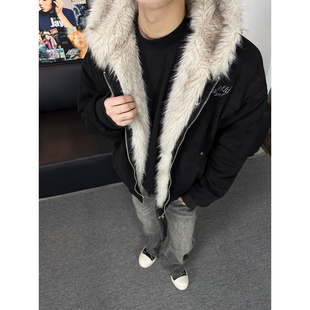 不靠脑子 美式复古座山雕连帽棉服男女设计感宽松休闲百搭棉衣潮