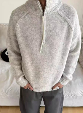 不靠脑子 美式复古解构半拉链针织衫男女慵懒风宽松休闲套头毛衣
