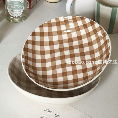 格子控美式复古高级英伦风陶瓷餐具特色小众设计款泡面碗家用时尚