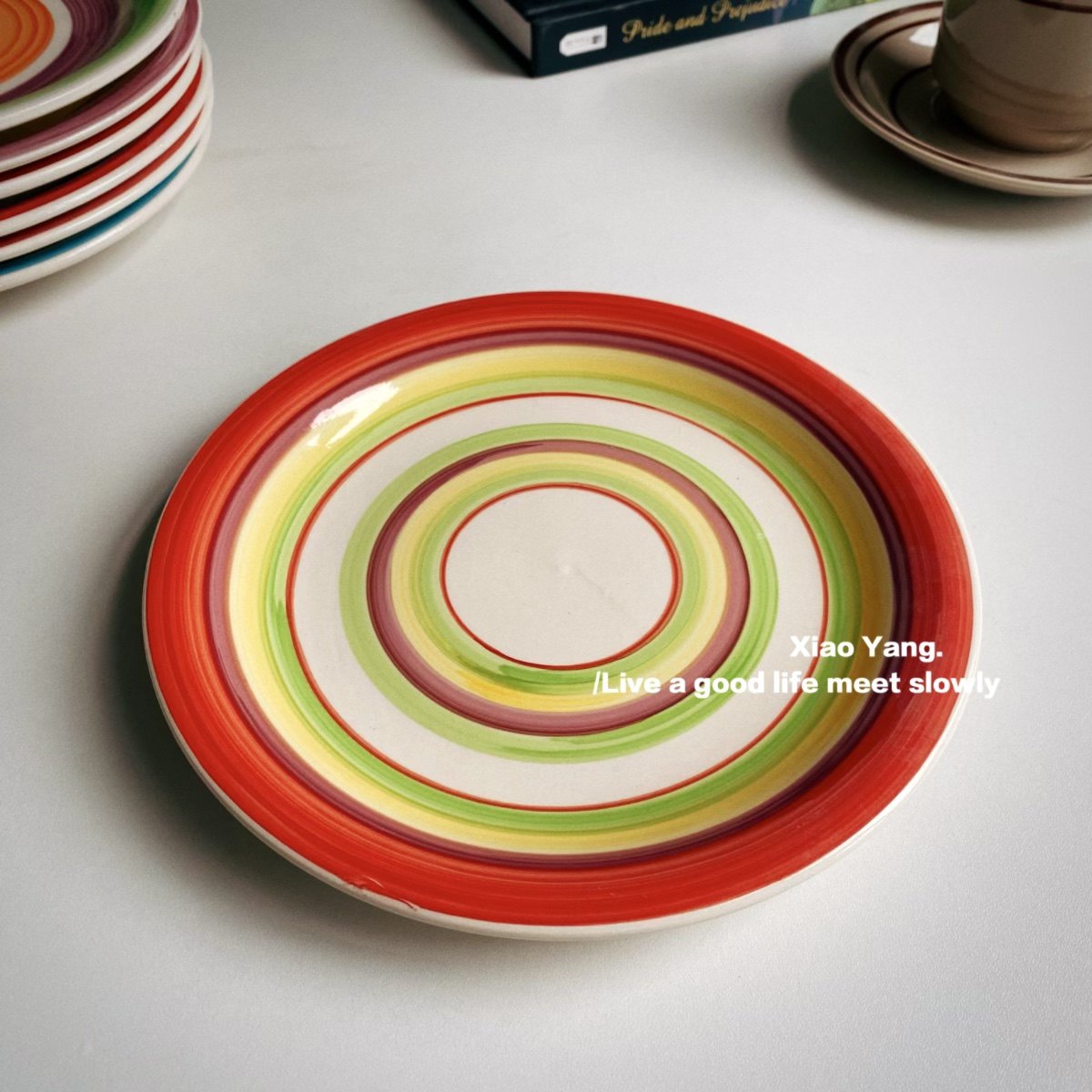 INS风彩虹陶瓷手绘盘沙拉盘好看的盘子简约现代高档餐具条纹早餐,餐饮具,盘,淘宝优惠券,粉丝福利购,淘宝优惠卷