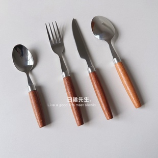 复古ins风木头手柄食品级304不锈钢西餐刀叉勺套装新款网红拍照