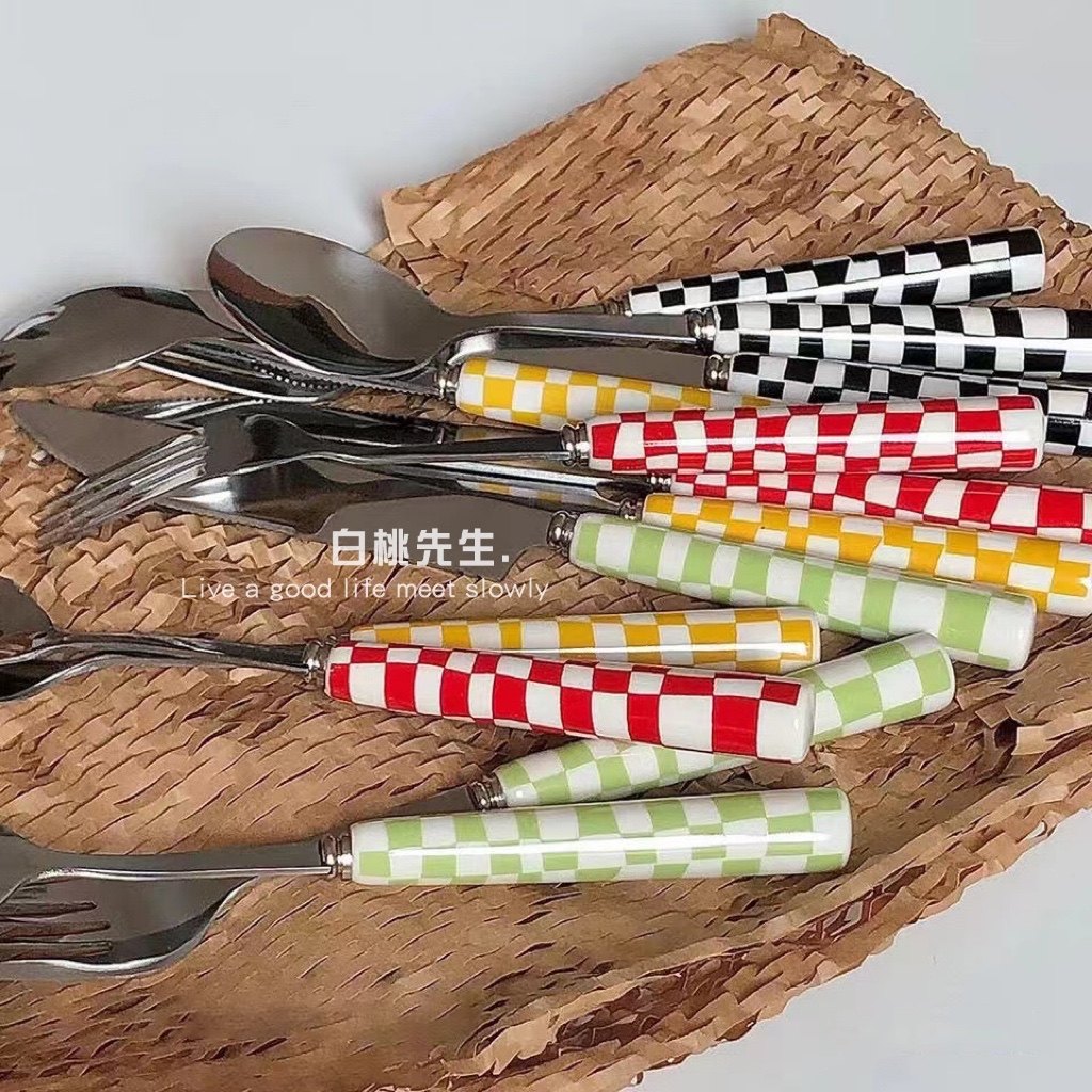ins风棋盘格西餐牛排刀叉勺不锈钢叉勺甜品餐具套装三件套仙女用图片