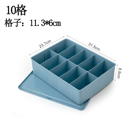 蓝色带盖10格桌面收纳盒塑料药盒
