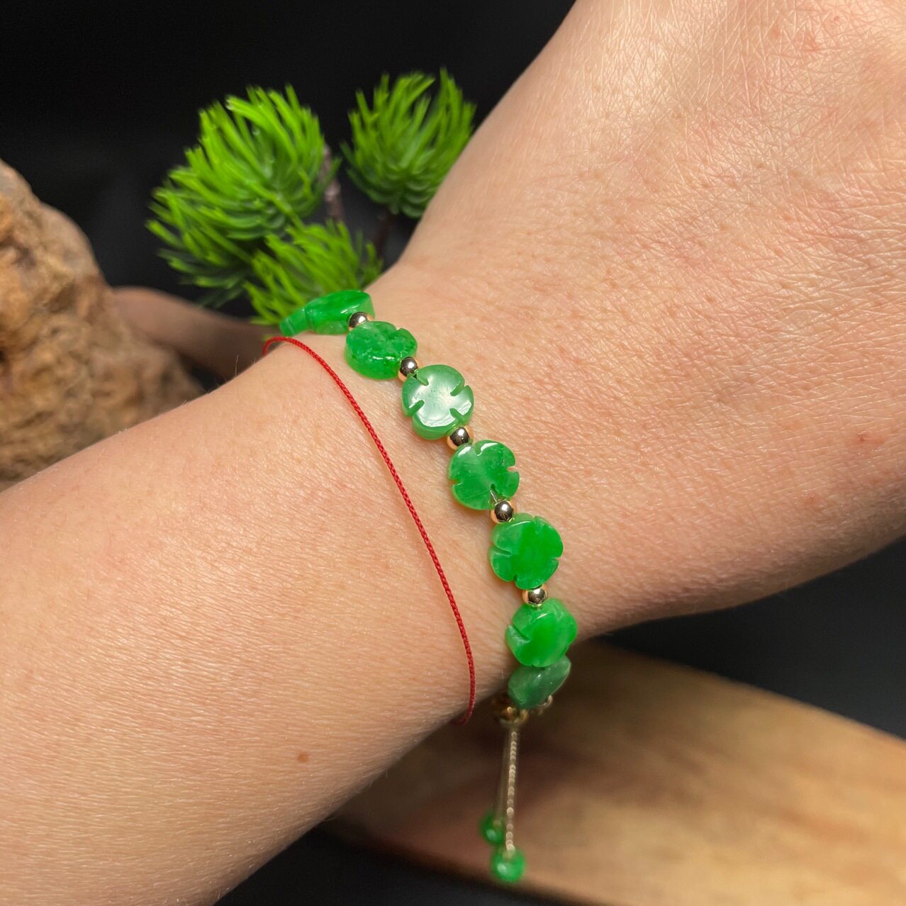 天然玉石干青翡翠翠玉四叶草14k包金设计款女手链可调节送女朋友