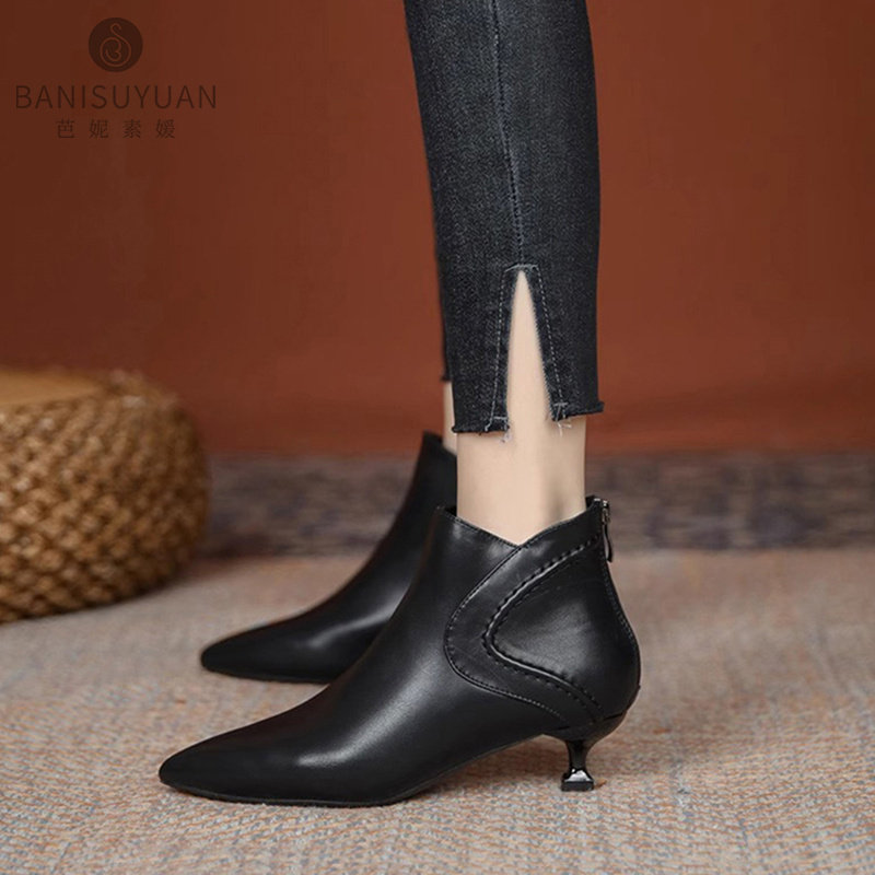 尖头短靴女细跟2025年秋冬季新款后拉链高跟靴子软皮小跟及踝靴
