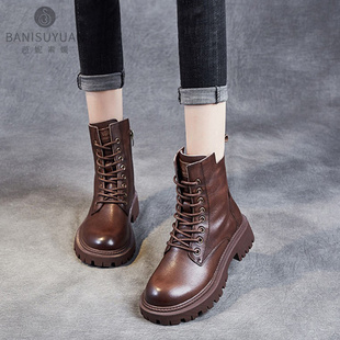 真皮厚底马丁靴女短靴2025秋冬新款系带平底单靴加绒短筒棕色靴子