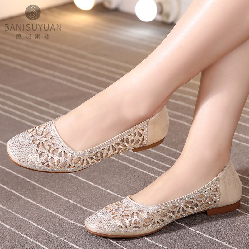 网纱单鞋女平底2025年夏季新款方头大码女鞋水钻真皮软底妈妈鞋,女鞋,浅口单鞋,淘宝优惠券,粉丝福利购,淘宝优惠卷