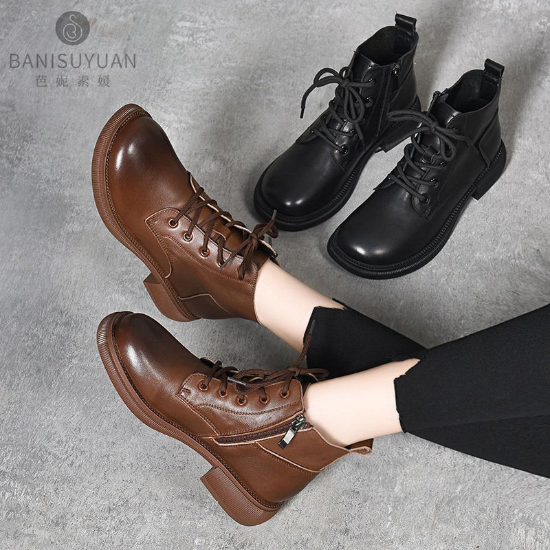 真皮短靴女2025年秋冬新款百搭软底小皮鞋头层牛皮加绒平底马丁靴,女鞋,马丁靴,淘宝优惠券,粉丝福利购,淘宝优惠卷