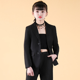 女童西装套装外套洋气中大童黑色小西服正装模特走秀T台儿童女孩
