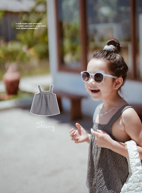 童装女童背心外穿2024夏季新款儿童吊带小女孩灰色条纹上衣