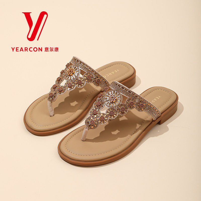 意尔康夏季新款水钻人字拖女平底波西米亚风休闲沙滩鞋时尚凉拖鞋