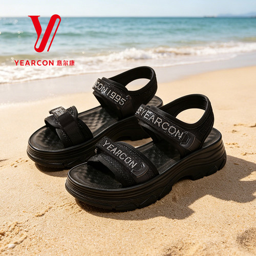 意尔康沙滩凉鞋女2026新款夏季厚底魔术贴平底黑色休闲运动凉鞋