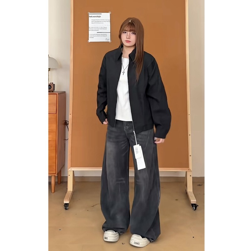 【梨杏子】同款衣服春秋翻领黑色短款夹克宽松外套男女配牛仔裤子