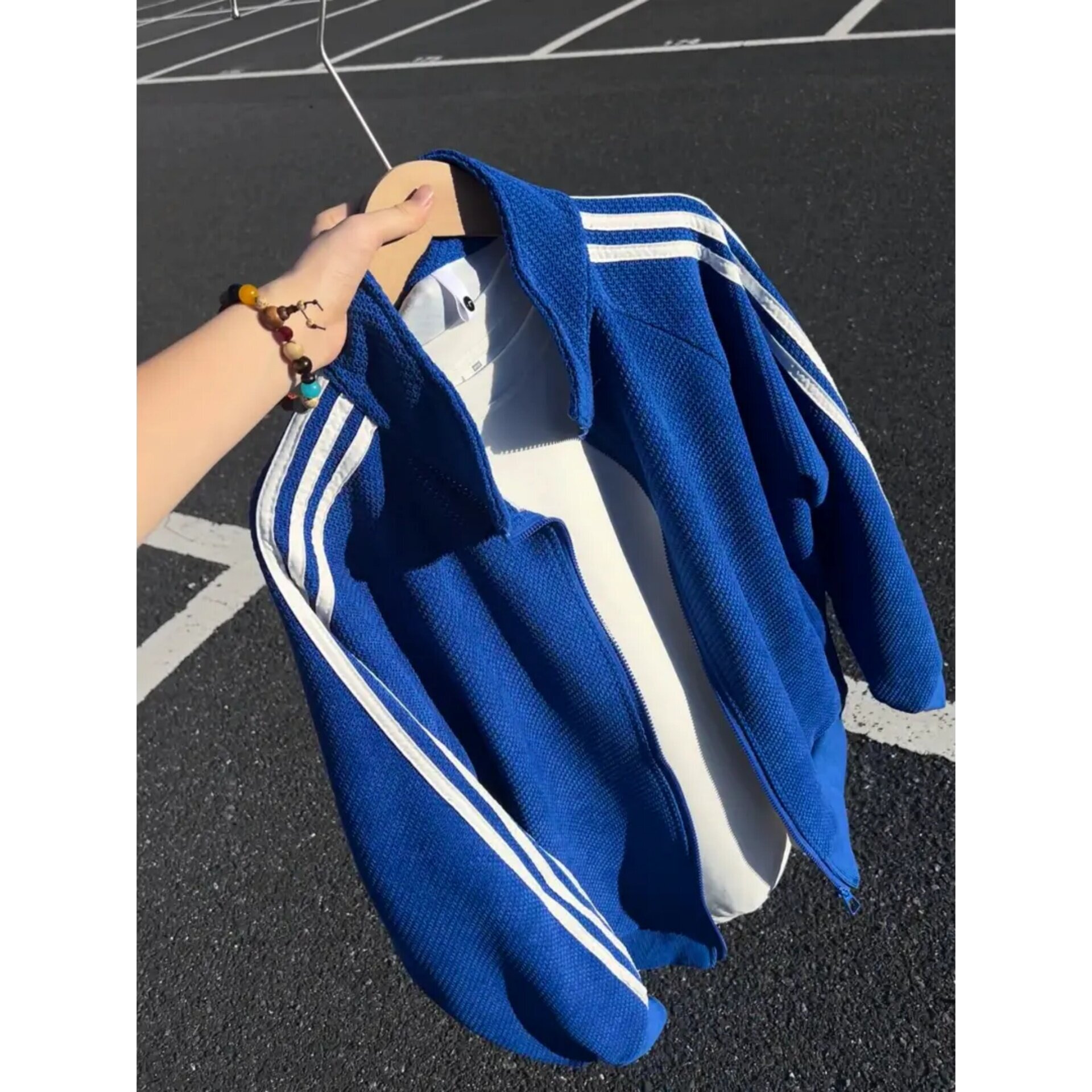 蓝色龙鳞纹立领卫衣男秋季美式三条杠棒球服夹克运动条纹短款外套