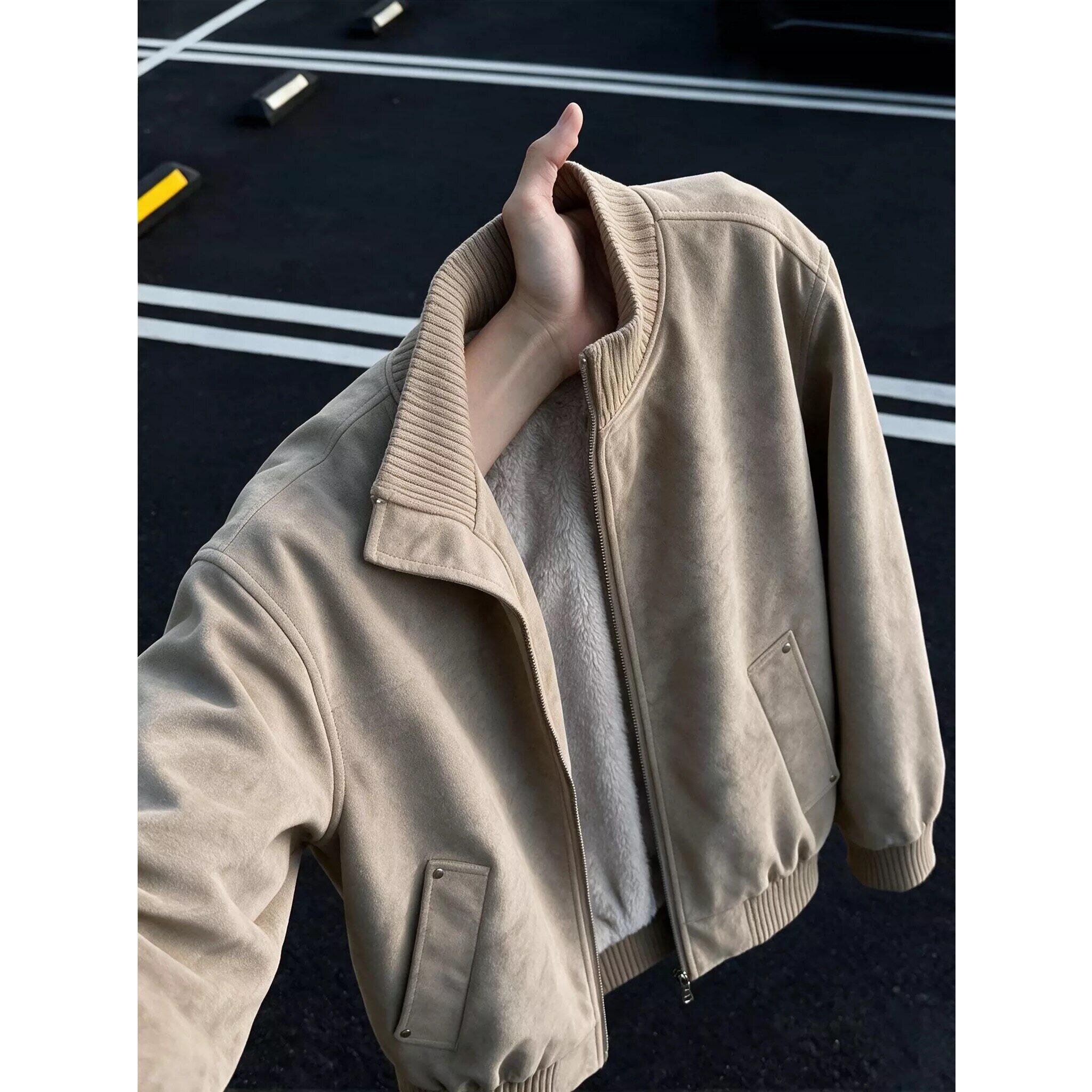 卡其色扎染皮衣夹克棉服男款秋冬加绒保暖棉衣美式立领短款棒球服