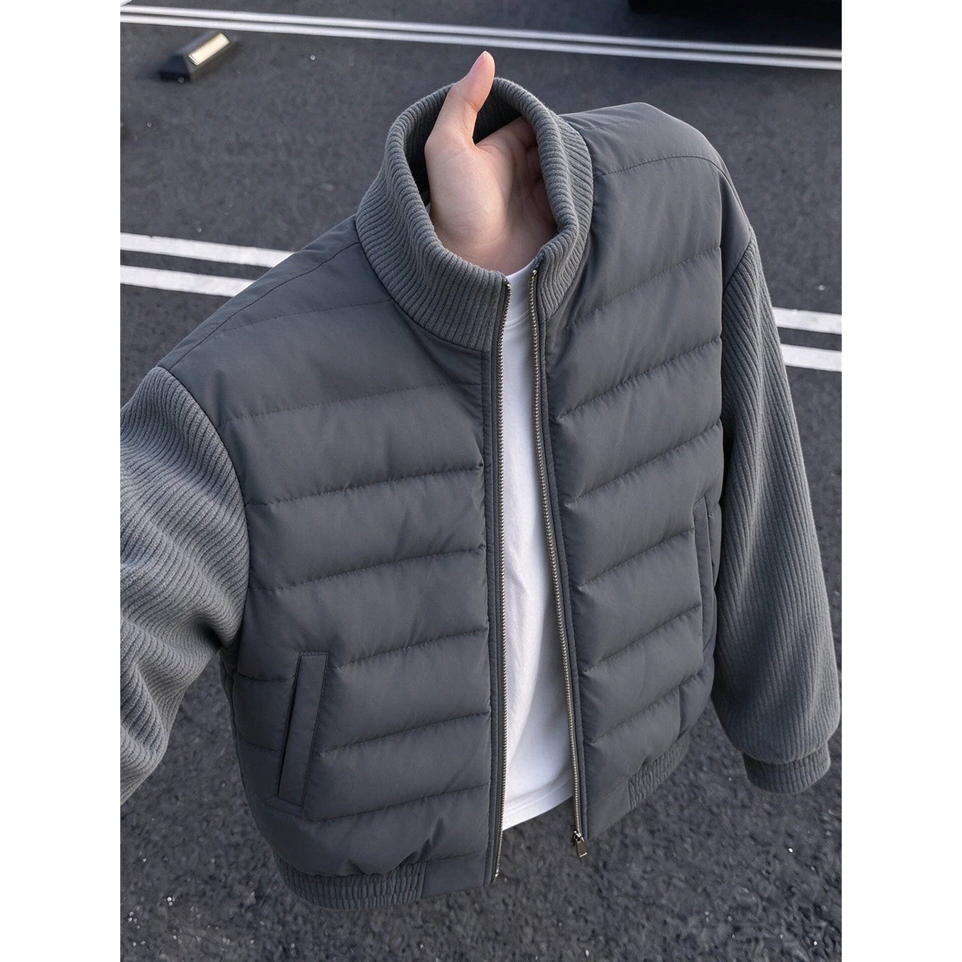 深灰色针织拼接排骨棉服男款冬季高级感加厚保暖棉衣短款立领外套
