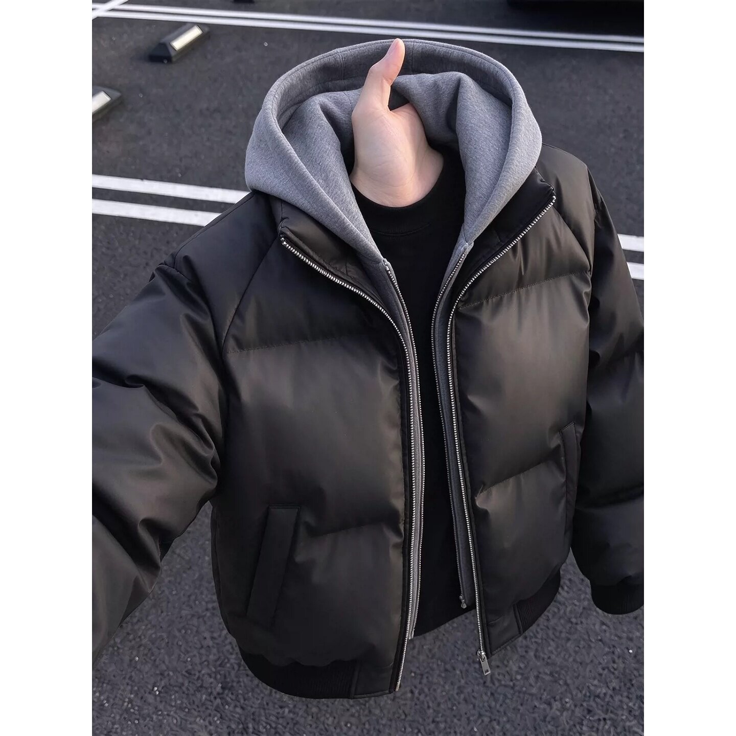 美式短宽boxy连帽棉服男款秋冬季复古pu皮防水加厚保暖廓形棒球服
