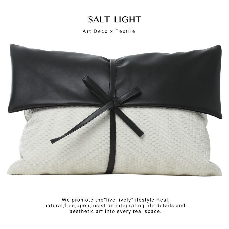 简约现代沙发样板房PU皮拼接黑色装饰抱枕别墅轻奢腰枕蝴蝶结靠垫