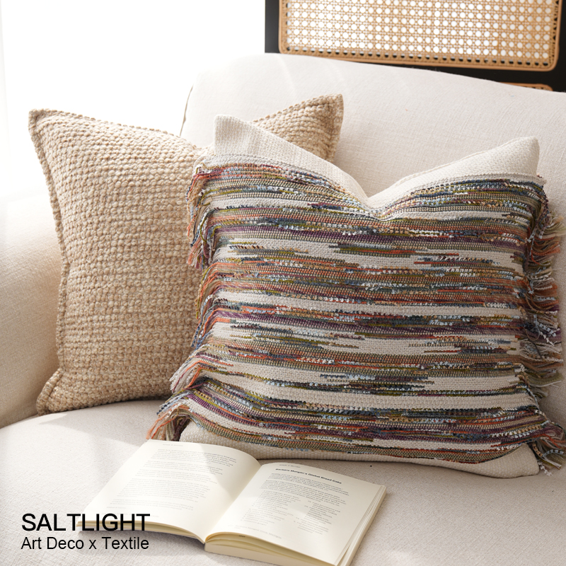 光与盐莫奈幻彩棉麻手工流苏提花抱枕文艺小香风沙发靠垫